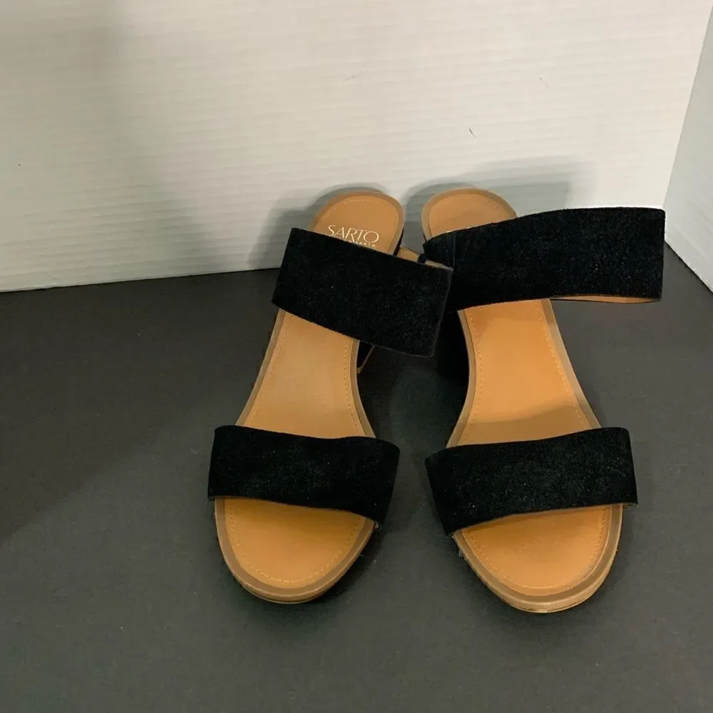 Franco Sarto Black Leather Upper Double-Band Heel Open Toe Slide Sandals 10M